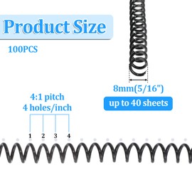 100 Pack Plastic Spiral Binding Coils 8mm (5/16") 40 Sheet Capacity, 4:1 Pitch, Binder Binding Spirals Rings for Spiral Binder