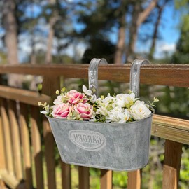 Briful 10'' Hanging Planter Outdoor 5PCS Metal Railing Planter for Herb Flower, Oval Galvanized Buckets with Detachable Hooks, Garden Fence Balcony Windowsill Hanging Pot, Grey