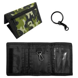 Universal One Piece Wallet with Black Key Ring Chain, Oxford Cloth Padded Wallet, Zipper Folding Wallet for Men and Women (Camouflage Army Green), Army-green, Military