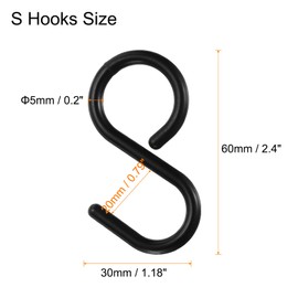 QUARKZMAN Pack of 6 S Hooks 2.4 Inch Plastic Hanging S-shaped Hooks Small S Hooks Clothes Rail Hooks for Hanging Kitchen Utensils, Cups, Plants, Jewellery, Black