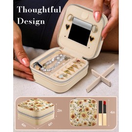 Bistup Travel Jewelry Case - Small Jewelry Organizers and Storage Box for Women Girls Teens Cute Traveling Jewelry Holder with Mirror Little Tiny Compact Modern Unique Aesthetic Pretty, Sunflower