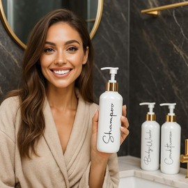 Seifenspender für Bad | Set mit 3 Dosen für Shampoo und Conditioner 500 ml mit goldenem Touch | Dieser Seifenspender in Weiß ist elegant und wertet den Stil Ihres Hauses auf