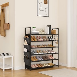 LANTEFUL 6 Tier Shoe Rack Storage for 24-30 Pairs Shoe and Boot, Shoe Organizer with Hook and Side Pocket Free Standing Long Shoe Shelf Tall Shoe Rack Organizer for Closet, Entryway, Dorm