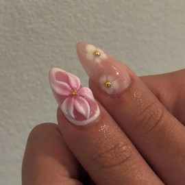 24Pcs Long Almond Press on Nails Flower Fake Nails French Tips False Nails Pink Nude 3D Floral White Edge with Gold Rhinestone Design Glue on Nail Artificial Stick on Nails Decor Nail for Women