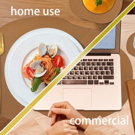 Modern Pebble Shape placemats - Brown Leather placemats and Coasters, Irregular Shape Design, 11 * 14.5 inch Round Table Runner, 4.6 * 5 inch Round Coasters (Dark Brown Leather placemats)