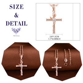 MicVivien Rose Cross Earrings Necklace Jewellery Set in 925 Sterling Silver for Women Girls Flower Cross Pendant with Chain 45 cm Flower Cross Stud Earrings Rose Gold Women's Jewellery, Cubic Zirconia