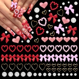 200 Pcs Valentine's Day Nail Charms, Pink Red Bows Heart Pearls Nail Art Charms, Hollow Bowknot Acrylic Nail Charms, Gold Heart Nail Studs Flatback Nail Art Pearls for Valentine's Day Nails Art Design