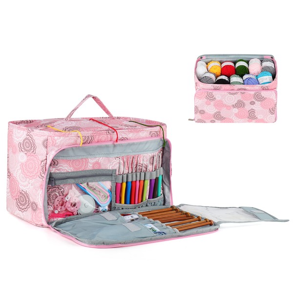 Aeelike Pink Knitting Bag Storage, Plus Size Portable Handmade Bag for Yarn, Durable Crochet Bag Storage for Wool, Crochet Hooks, Knitting Needles and Accessories, Oxford Fabric (Bag Only)