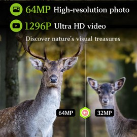 Trail & Game Camera, 64MP 1296P H.264 MP4 Video Cam with 940nm No Glow Night Vision Motion Activated IP66 Waterproof for Outdoor Wildlife Monitoring, Yard Security, Animal Observation