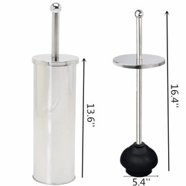 Chrome Toilet Plunger with Holder Bathroom Metal Canister Holder Drip Cup, Heavy Duty, Deep Cleaning Silver