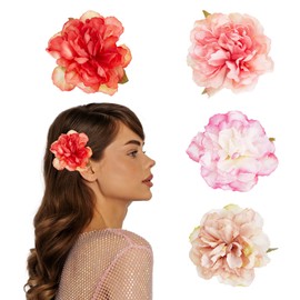 NICENEEDED 4 PCS Women Hawaiian Flower Hair Clips, Artificial Large Rose Hair Barrettes Tropical Floral Accessories, Boho Clip for Wedding Bridal Beach Party