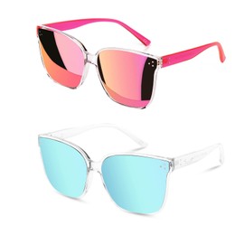 Sumato Sunglasses Womens, Oversized Pink Sunglasses for Women with Trendy Mirrored Lens UV400 Blocking Light Blue 2 Pack
