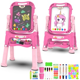 Kids Art Easel, Adjustable Drawing White Board & Chalk Board, Toddler Double Sided Easel with Painting Accessories, Birthday Gift for Girls Boy Age 3 4 5 (Rose Pink)