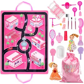 FABU KIDDIE FabuKiddie Pink Toddler Play Mat for Girls - Foldable Kids Playmat Bundle with Toys, Dolls, Bag and 6 Stations to Visit - Floor Mats for Kids Playroom - Playmats for Toddlers,