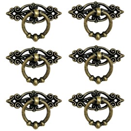 Heuskay 6pcs Antique Ring Pull Handle with Screws,Vintage Cabinet Door Drawers Cupboard Ring Pull Handle Retro Knob,Antique Brass