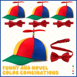 Sintege Propeller Top Cap Rainbow Detachable Hat Nerd Crazy Spinner Hat Silly Pinwheel Hat and Bowtie(Red,8 Pieces)
