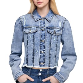 PAOLA RIBONI Women's Crop Denim Jacket Casual Long Sleeve Ripped Frayed Hem Jean Jackets (US, Alpha, X-Large, Regular, Regular, Blue)