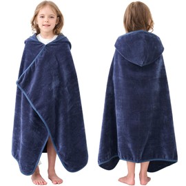Hiturbo Kids Hooded Bath Towel: 100% Cotton Soft Thick Absorbent Towels Wrap - 50"x30" Shower Beach Pool Wearable Blanket for 3-12 Yrs Boys Girls - Navy