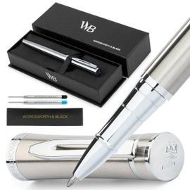 Wordsworth and Black Rollerball Pen - Luxury Pen - Chrome Finish, Silver Lacquer, Ink Refill, Refillable Gift for Men & Women, Professional Writing, Nice and Fancy Pens and for Work