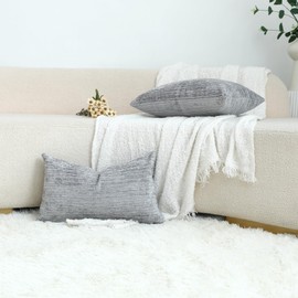 LIGICKY Light Grey Lumbar Cushion Covers Pack of 2 Neutral Soft Textured Chenille Throw Pillows Decorative Accent Solid Rectangle Cushion Cases for Couch Sofa Bed Living Room, 12x20 Inch
