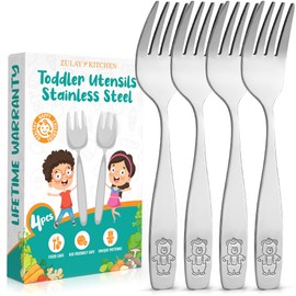 Zulay Kitchen 4 Pieces Toddler Utensils - Kids Stainless Silverware Set - Children & Toddler Safe Forks - Smooth Edge, Mirror Polished, & Dishwasher Safe Kids Utensils (4 Forks)