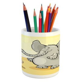 Ambesonne Animal Pencil Pen Holder, Funny Bathing Mouse Trunk in the Desert Cartoon Animal Print, Ceramic Pencil Holder for Desk Office Accessory, 3.6" X 3.2", Grey Yellow Cream