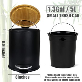 SIDIANBAN Small Bathroom Trash Can with Bamboo Lid, 1.3Gal/5Liter, Black, Iron