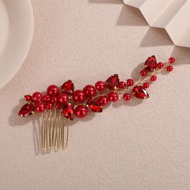 Rumtock Vintage Boho Pearl Gold Hair Comb with Red Rhinestones Wedding Bridal Hair Jewelry Women Special Occasion Hair Accessories (Red)