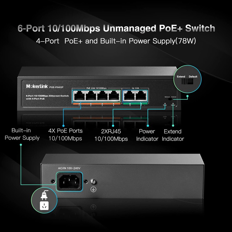MokerLink 6 Port PoE Switch with 4 Ports PoE+, 2