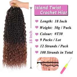 Samtress 9 Packs Boho Senegalese Twist Crochet Hair with Curly Ends 18 Inch Ombre Brown Pre-Looped Island Twist Crochet Braids Synthetic Goddess Boho Twist Crochet Braids Extensions for Women (#T30)