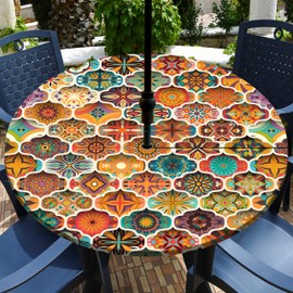 Buwuta Round Outdoor Tablecloth with Umbrella Hole Waterproof Round Patio Table Cover Wipeable Round Fitted Tablecloth for Outside, Picnic, Garden Fits to 45''-52" Patio Table