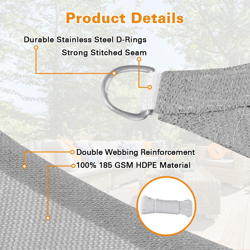 Sun Shade Sail 8'X16' Light Grey Rectangle
