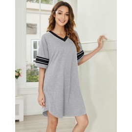 Ekouaer Nightgowns for Women 2 Pack Sleepshirts Short Sleeve Nightshirt V Neck Sleepwear Casual Pajama Dress,Black/Light Grey,XL