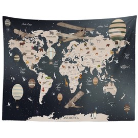 BELECO Kids World Map Tapestry Wall Hanging Cartoon Animals Map Tapestries 80x60 Inch Vintage Aircrafts Hot Air Balloons World Travel Tapestry for Baby Children's Bedroom Living Room Dorm Decor