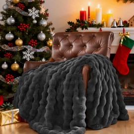 Lotus Karen King Size Faux Fur Blanket - Dark Gray, Big Bubble Rabbit Fluff, 108x90 Inches