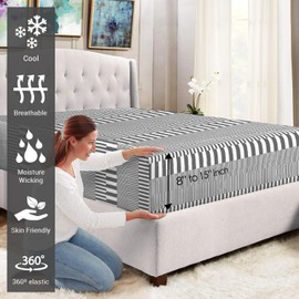 Pizuna Cotton Cascade Stripe Grey Printed Fitted Sheets Double Bed 400 thread Count 100% Long Staple Sateen Cotton Printed Double Fitted Sheet 140x200 of 40 cm Deep Pocket 1 Pc (Bed Sheets Double)