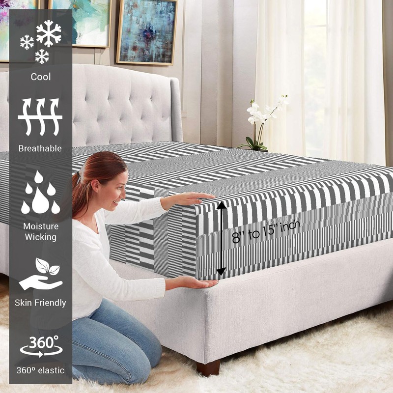 Pizuna Cotton Cascade Stripe Grey Printed Fitted Sheets Double Bed