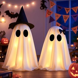 NEWKIBOU Paquete de 2 Fantasmas Luminosos con Luces LED para Halloween, decoración Espeluznante y Adorable DIY para hogar, Fiesta, Mesa, Chimenea, Interior y Exterior