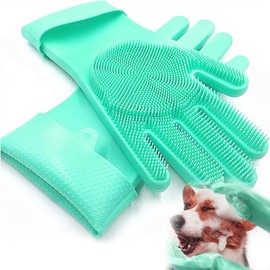 Pet Grooming Gloves, Cat Care Gloves, Silica Gel Glove, Brush Cat, Hanging Design, Bathing and Massaging for Dogs and Cats (Green)