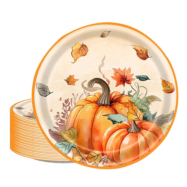 HANSAMU 24 Pcs Fall Disposable Paper Plates Thanksgiving Pumpkin Maple