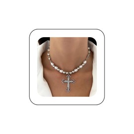 Yienate Punk Kristall Kreuz Perlen Halskette Choker Gothic Pave Strass Kreuz Kreuz Anhänger Halskette Silber Perlen Perlen Halskette Großes Kristall Kreuz Halskette Charme Schmuck Für Frauen