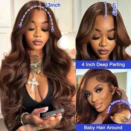 Lukymart 26 Inch Chocolate Brown Lace Front Wigs Human Hair Pre Plucked 13x4 HD Body Wave Lace Front Wig 180% Density Colored Frontal Glueless Brown Human Hair Wig for Women