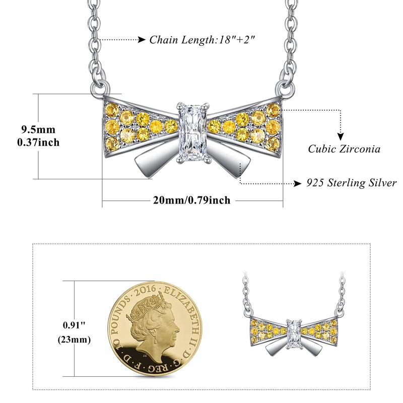praymos Sterling Silver Butterfly Necklace Bowknot Pendant Yellow Zircon Birthstone