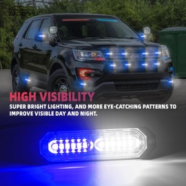 BooYu Blue/White LED Surface Mount Emergency Strobe Flashing Lights for Firefighter/Police/Trucks/Vehicles/Car, Ultra Slim Sync Feature Hazard Warning Beacon Grille Light Bar (8 Pcs)
