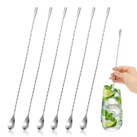 ABK 6 Pcs Bar Long Spoon for Drink, 18/10 Stainless Steel Cocktail Shaker Stirrers, 12 Inches Long Handle Cocktail Mixing Stirrers, Spiral Design Mixing Spoon with Weighted Teardrop End