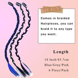 Braid Hair Extensions 6 Pcs Baby Braids Front Side Bang Long Braided Ponytail Extension 18inch Clip in Hair Extensions Straight Synthetic Hairpieces Natural Soft Synthetic Hair(Grey+pink+blue)