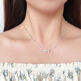 TACBSP Bow Necklace for Women Dainty Gold Bow Chain Necklace Rhinestone Bow Pendant Necklace Bow Ribbon Necklace Bow Jewelry Gifts for Women(Silver A)
