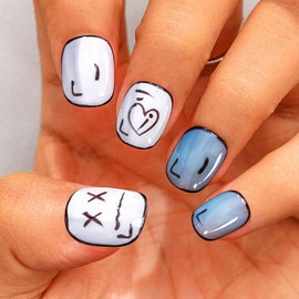 Sethexy Short Square Artificial Nail Painted Cute Funny Handmade False Nails Shiny Acrylic Press on the Nail Durable Quality Nails for Salon for Women and Girls (K)