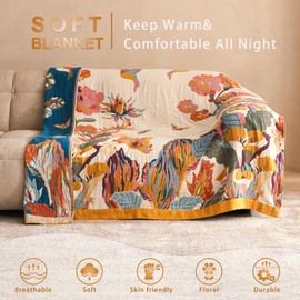 Wzvzss Boho Throw Blanket - 100% Cotton Soft Throw Blanket for Bed, 94"x94" Reversible Breathable Lightweight Summer Blankets, All Seasons Farmhouse Decor Floral Plant Butterfly Throw Quilt