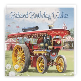 Hunts England - Vintage Traction Engine Belated Birthday Card - Steam Tractor - Milo's Gallery Collection - Open Male Belated Birthday Card
